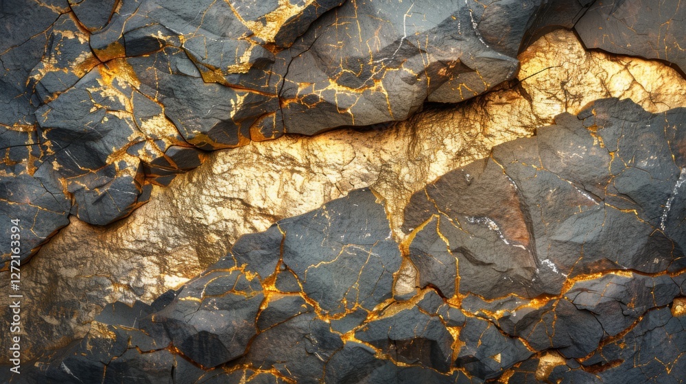 Poster a close up look at a striking rock formation features dark stones with shimmering golden mineral vei