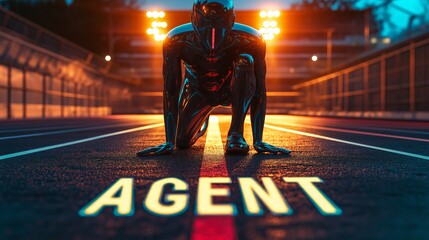 A humanoid AI agent robot in starting position for a race symbolizing autonomy and the future evolution of agentic automation for futuristic technology using an autonomous chatbot