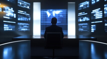 Businessman sitting at desk in dark control room analyzing global data and statistics on computer screens, representing global business, finance, and technology