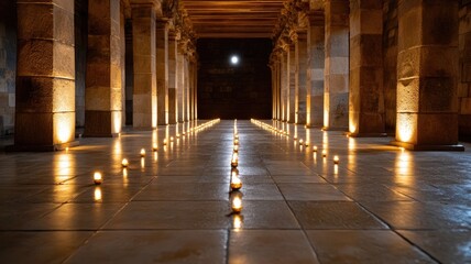 Long hallway lined with candles invoking serene, historical, spiritual ambiance