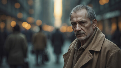Fototapeta premium Man in a coat observes bustling city street during golden hour in urban setting filled with people and soft evening light