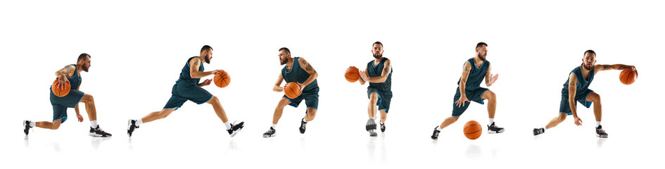 Fototapeta premium Creative collage. Young basketball player dribbling, sprinting, changing direction in dynamic motion against white studio background. Concept of sport, agility, precision, competition.