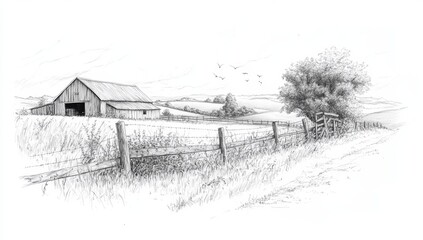 Detailed pencil sketch of a rustic barn and countryside landscape with trees and a wooden fence