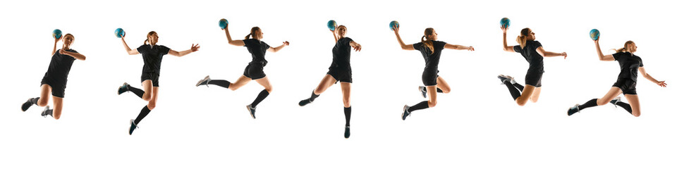 Creative collage. Female handball player leaping, throwing, scoring in midair sequence against...