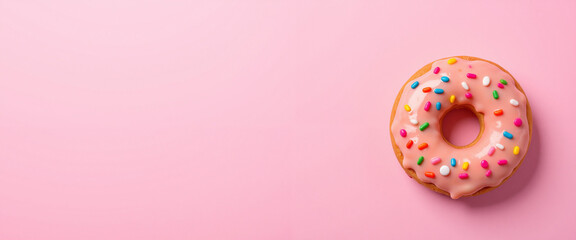 Delicious pink frosted donut with colorful sprinkles on a soft pink background, evoking a playful and cheerful mood perfect for dessert lovers