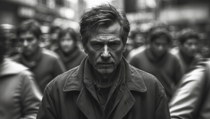 Fototapeta premium Man walking through a crowd in a busy urban setting depicting a sense of isolation and introspection during a stark moment