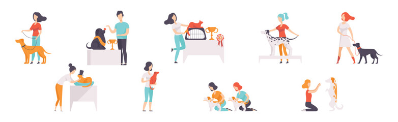People with Cat and Dog of Different Breed Vector Set