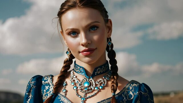 Portrait of a princess with blue eyes and braided hair wearing an elegant historic costume and jewelry, posing outdoors in a sunny day with a slightly cloudy sky