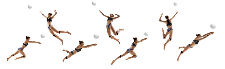 Creative collage. Female beach volleyball player diving, spiking, blocking ball in synchronized movements against white studio background. Concept of sport, teamwork, reaction speed, competition. © Lustre Art Group 