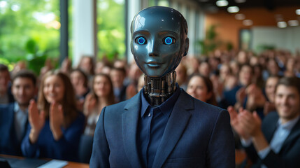 A humanoid AI agent robot with coworkers working at the office symbolizing agentic autonomy of chatbot workers and the automation of future jobs in the workforce using autonomous bots