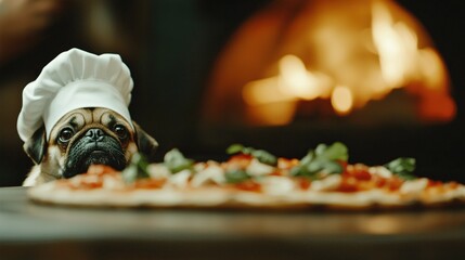   A Pug in a Chef's Hat Gazes at a Pizza Near a Wood-Burning Oven