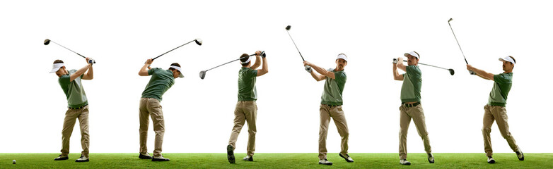 Dynamic collage. Golfer preparing, swinging, driving ball in controlled movements against white...