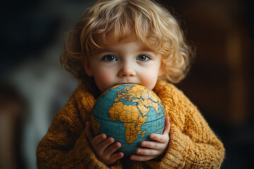 A child holding a globe in his hands, symbolizing curiosity, education, and global awareness.