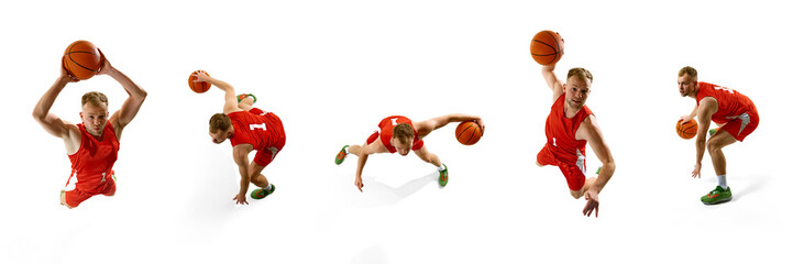 Dynamic collage. Basketball player dribbling, driving, dunking ball in fast-paced sequence against white studio background. Concept of sport and movement, energy, agility, motion. © Lustre Art Group 