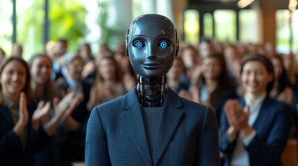A humanoid AI agent robot with coworkers working at the office symbolizing agentic autonomy of chatbot workers and the automation of future jobs in the workforce using autonomous bots