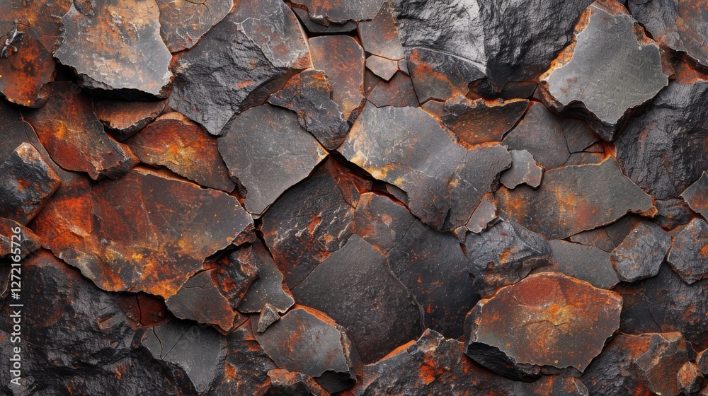 Leinwandbilder Layers of dark and rusty colored rocks form a textured background, revealing unique patterns and earthy tones. Natural lighting enhances the rugged appearance of the stones.