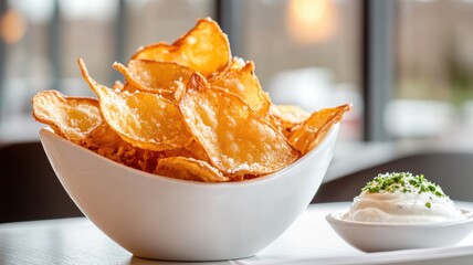 Bowl of crispy potato chips next to dip on table