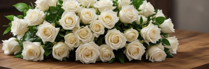 Obraz premium Fresh white rose bouquet on a rustic wooden table centerpiece, garden fresh, home decor, rustic decor