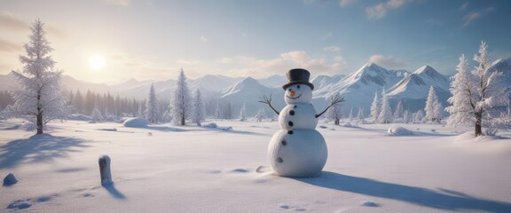 Fototapeta premium Frosty winter landscape with snowman in the center, snow-covered trees, snowy landscape