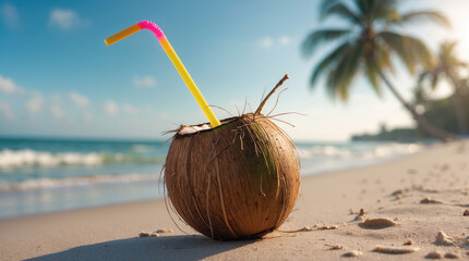 Relaxing on a Tropical Beach with a Fresh Coconut Drink at Sunset