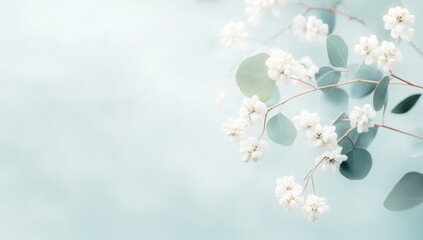 Elegant floral background with soft white flowers and eucalyptus leaves on a light bokeh backdrop