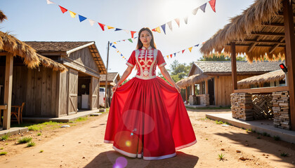 Filipino woman wearing traditional dress at barrio fiesta, cultural celebration
