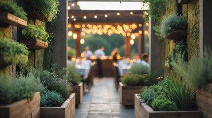 Fototapeta premium Outdoor dining experience in a beautifully decorated garden restaurant during a warm evening
