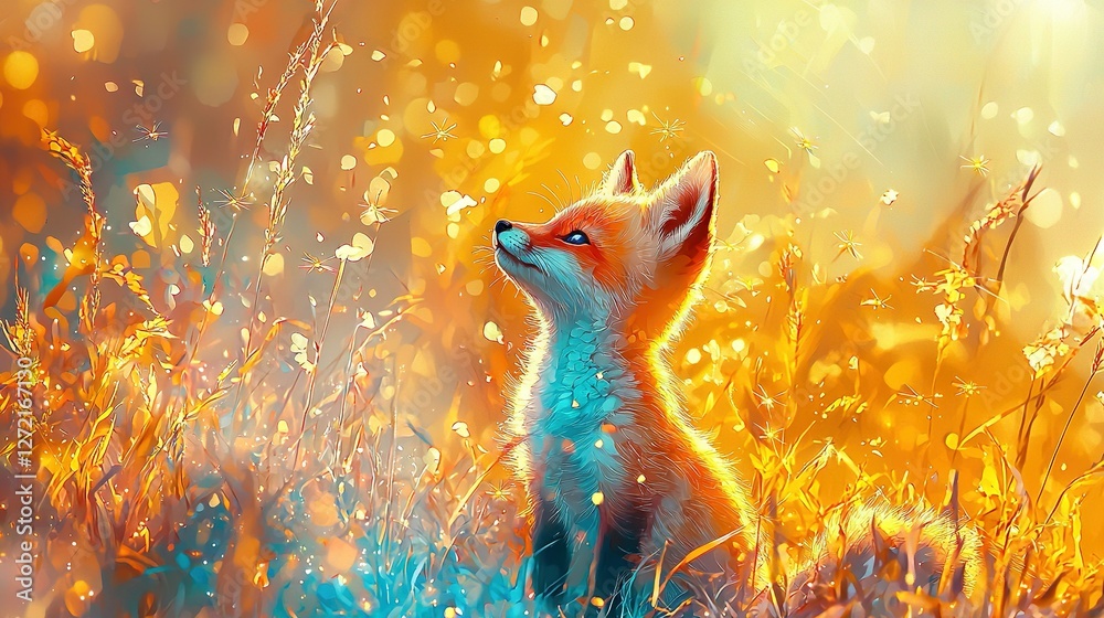 Sticker   A depiction of a small fox amidst tall blades of grass, gazing skyward on a sunny backdrop of brilliant yellow hue