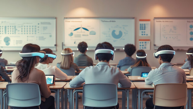 Students engage in virtual learning with headsets in a modern classroom setting during a workshop