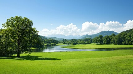 Obraz premium Serene Summer Landscape: Green Field, River, and Distant Mountains under a Sunny Sky