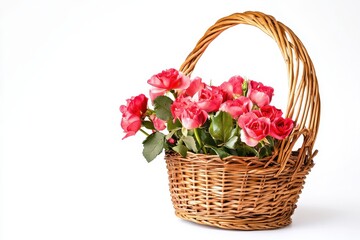 Obraz premium Stunning Floral Arrangement: A Vibrant Basket Filled with Colorful Flowers on a Crisp White Background