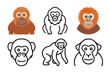 Primate Ape Orangutan various Poses Cute Cartoon Vector Illustration.