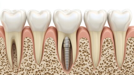 Step-by-Step 3D Dental Implant Illustration | Sequential Tooth Implant Process with Clear Labels & Neutral Background