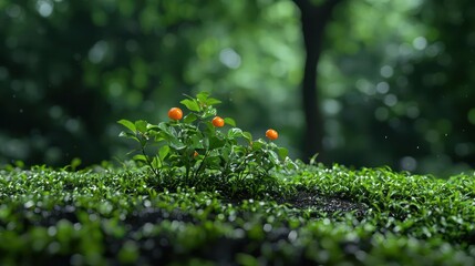 Obraz premium Small Orange-Berried Plant in Lush Green Forest After Rain