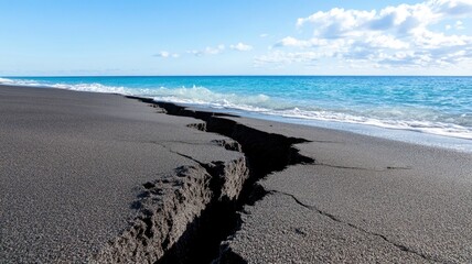 Obraz premium Ocean beach with large sand fissure under blue sky
