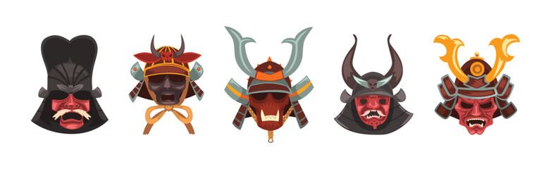 Japanese Samurai Mask and Head Cover Vector Set