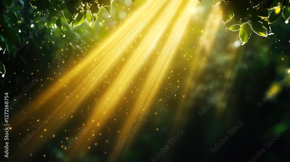Wall mural sunlight beams through forest foliage, creating serene and magical atmosphere with visible particles