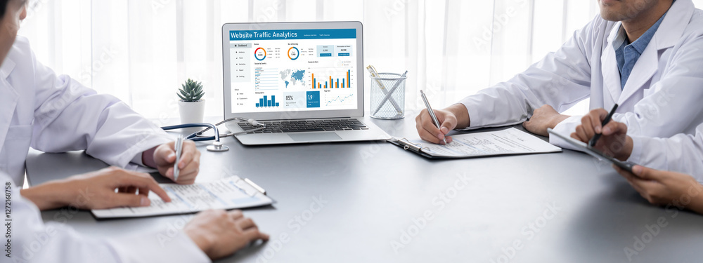 Poster computer software for website traffic analytics data on computer screen. concept of seo search engin