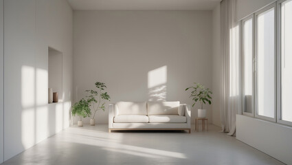 Bright and minimal living room with natural light and houseplants in a serene setting