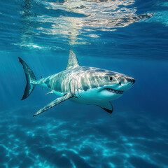 Naklejka premium majestic great white shark swims through the crystal-clear blue ocean, sunlight reflecting off its sleek body. The underwater scene highlights the shark’s power, grace, and natural beauty