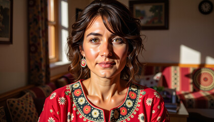 Afghan woman showcasing chikankari in traditional home, cultural pride