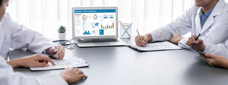 Computer software for website traffic analytics data on computer screen. Concept of SEO search engine optimization and customer targeting for online business brisk - Powered by Adobe