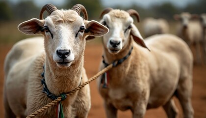 Tied goats in a rural setting with a herd in the background.