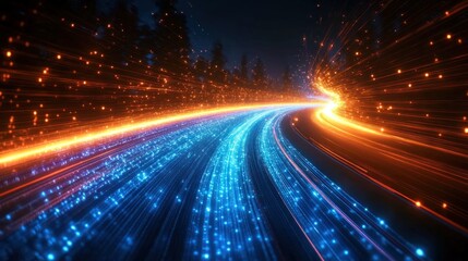 Night road speed effect, forest background, glowing particles