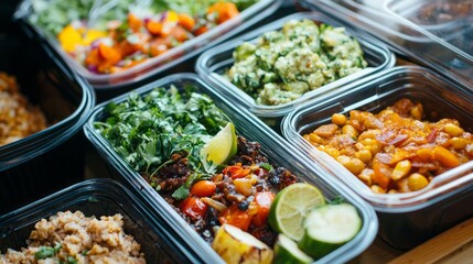 Colorful lunch foods are neatly organized in reusable containers, featuring fresh greens, grains, and various flavorful dishes perfect for a nutritious midday meal