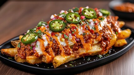 Loaded fries topped with cheese, jalapenos, onions, and chili sauce