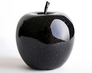 Elegant black apple with a high-gloss texture, displayed against a white backdrop.