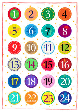 Sticker mit 24 Zahlen f&uuml;r Advent Kalender mit Weihnachtliche Motive,
Tradition in der Adventszeit,
Vektor Illustration in rot, gr&uuml;n, wei&szlig; und gold
