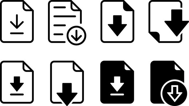 Download file, document, software icons set. Save simple web document, folder, link and other files format icons download buttons collection - vector illustration.