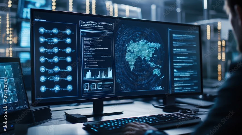 Poster it specialist is working at night in monitoring room with multiple displays showing global map, grap